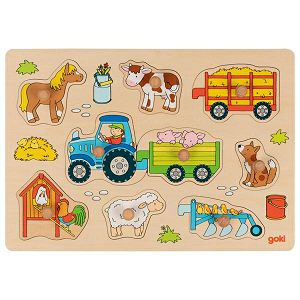 Puzzle drvene umetaljka, traktor s prikolicama i životinjama Goki 574686