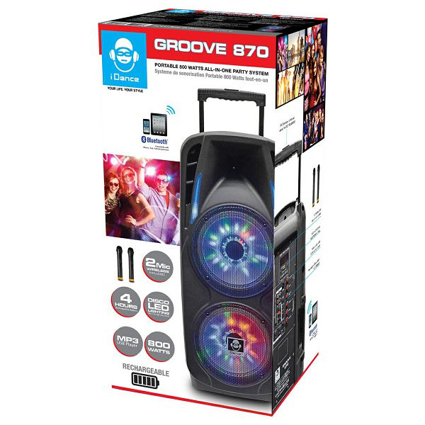 iDance karaoke Groove 870, 800W, BT, disco LED, baterija, 2*bež. mik, kotači