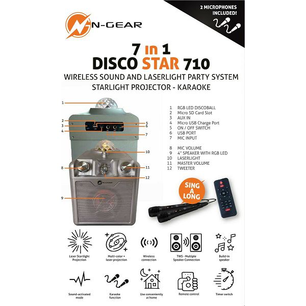 Karaoke zvučnik Disco Star 710,50W,LED svjetla,LASER,2xmikrofon,N-Gear 823099