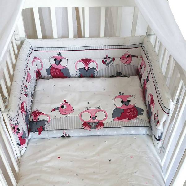Posteljina za dječji krevetić 5 dijelna Sovice roza